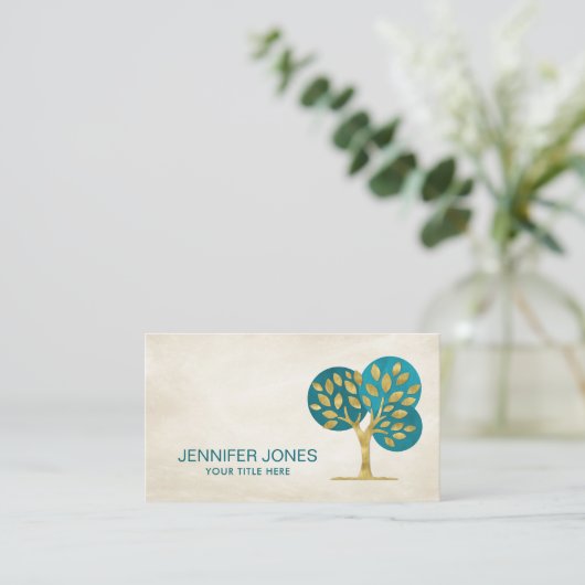 Abstracte gouden boom met waterverf cirkels visitekaartje (Staand voorkant)