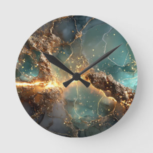 Abstracte gouden en Blauwgroen gemarmerde kunst Ronde Klok