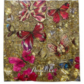 Abstracte gouden en rode bloemen douchegordijn (Voorkant)