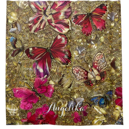 Abstracte gouden en rode bloemen douchegordijn (Voorkant)