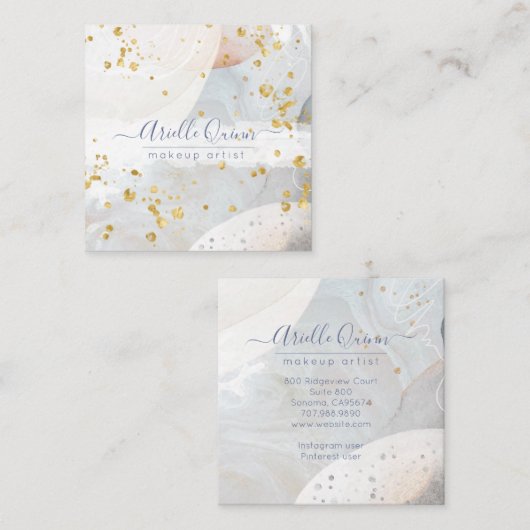 Abstracte Gouden Glitter Waterverf Make-up Artist Vierkante Visitekaartje (Voorkant / Achterkant)