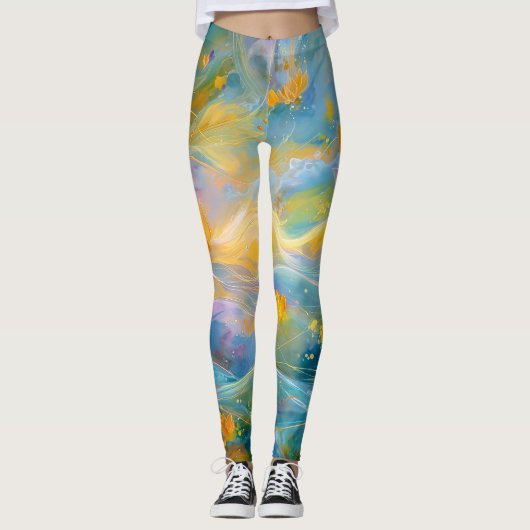 Abstracte Gouden Lotus Drijvende Bloemen Leggings (Voorkant)