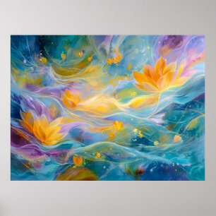 Abstracte Gouden Lotus Drijvende Bloemen Poster