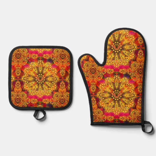 Abstracte Gouden Mandala Ovenwant & Pannenlap Set (Voorkant)