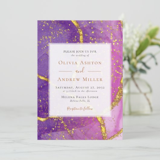 Abstracte gouden Paarse bruiloft Kaart (Staand voorkant)