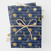 Abstracte gouden sneeuwvlokbeestjes Blauw Inpakpapier Vel (In situ)