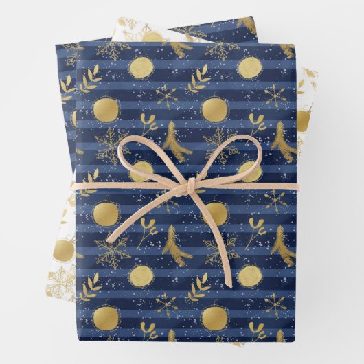 Abstracte gouden sneeuwvlokbeestjes Blauw Inpakpapier Vel (In situ)