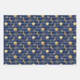 Abstracte gouden sneeuwvlokbeestjes Blauw Inpakpapier Vel