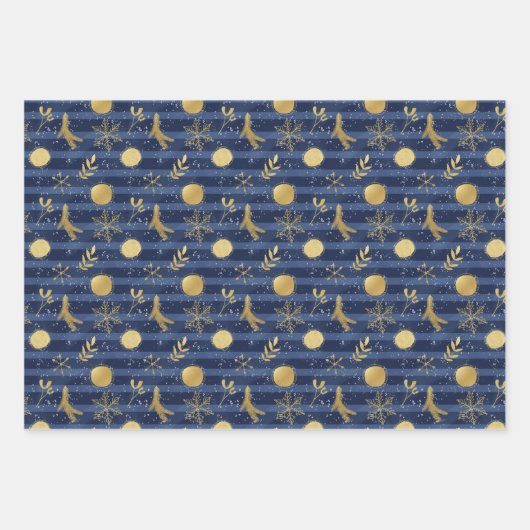 Abstracte gouden sneeuwvlokbeestjes Blauw Inpakpapier Vel (Voorkant)