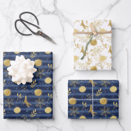 Abstracte gouden sneeuwvlokbeestjes Blauw Inpakpapier Vel