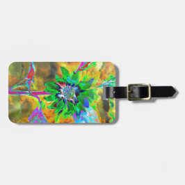 Abstracte goudgroene zonnebloem | retro funky bagagelabel