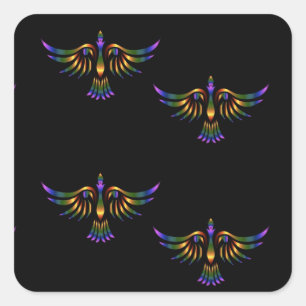 Abstracte goudvogel, paars en groen, zwart vierkante sticker
