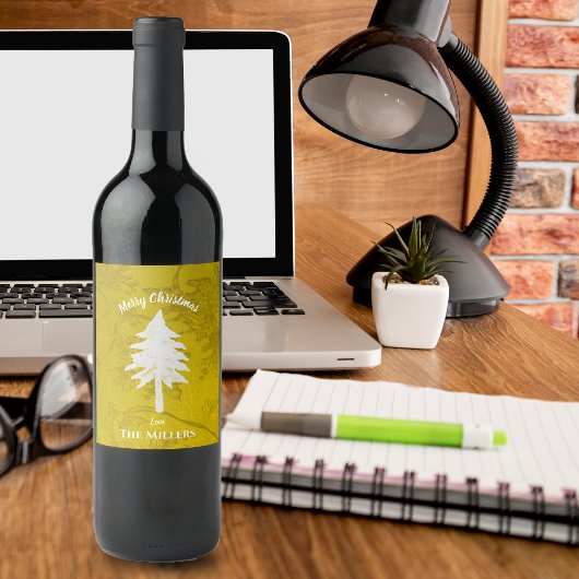 Abstracte goudwitte kerstboom wijn etiket