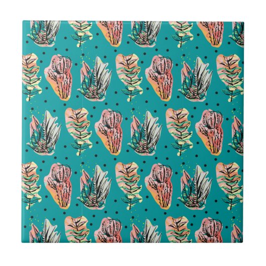 Abstracte grafische cactus Succulent Patroon Tegeltje (Voorkant)