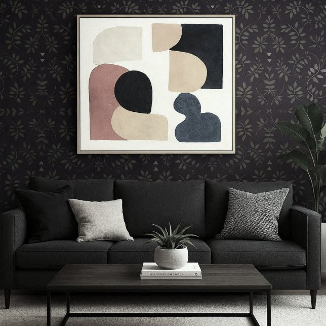 Abstracte Grijze Bladeren op Paarse Behang (Modern room with dark purple with leaf print wallpaper )