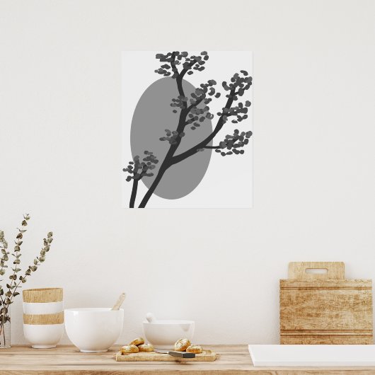 Abstracte grijze boom en moon Silhouette Poster (Keuken)