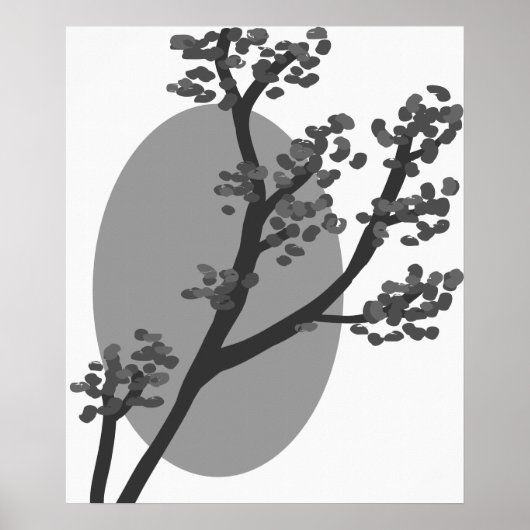 Abstracte grijze boom en moon Silhouette Poster (Voorkant)