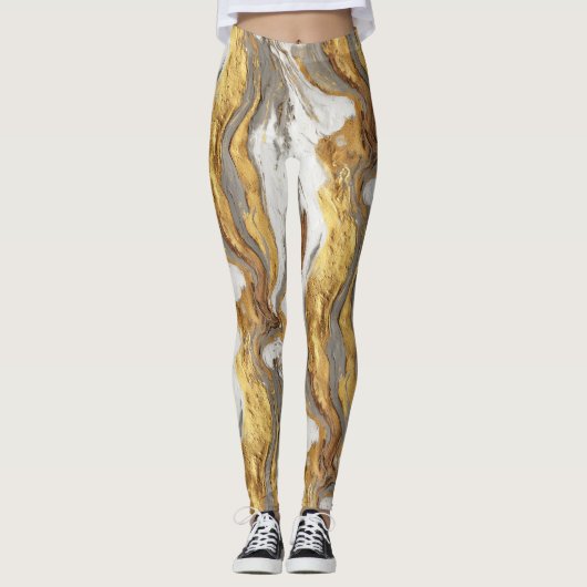 Abstracte grijze marmertextuur met vloeiend goud leggings (Voorkant)
