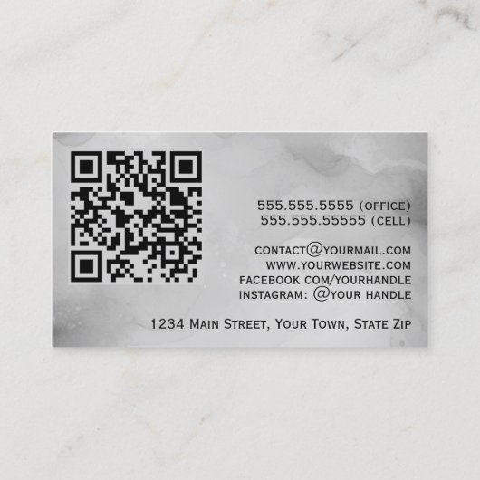 Abstracte Grijze Waterverf met Zilveren QR Code Visitekaartje (Achterkant)