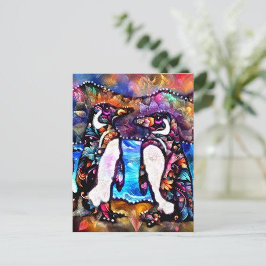 Abstracte grillige pinguïn familie bloemig kleurri briefkaart (Staand voorkant)