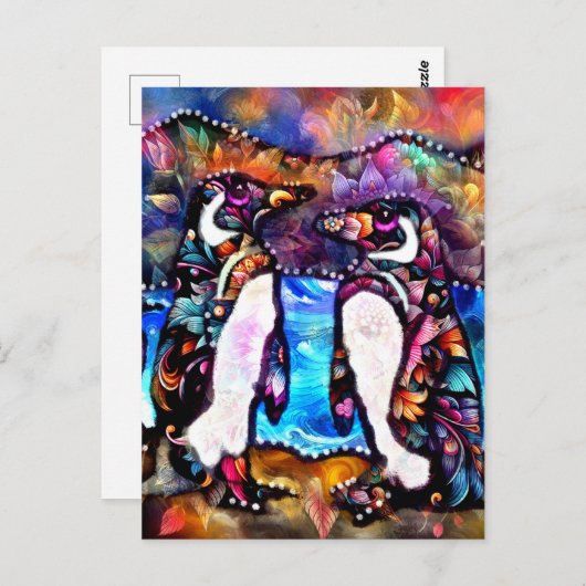 Abstracte grillige pinguïn familie bloemig kleurri briefkaart (Voorkant / Achterkant)
