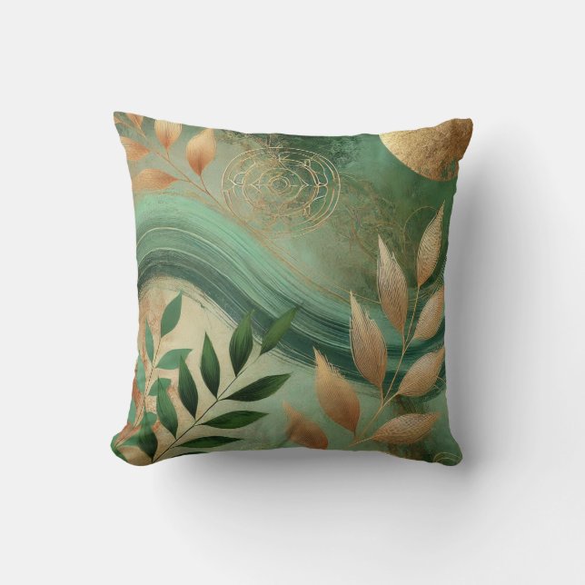 Abstracte Groen-Gouden Blad Kunstwerk Stijl 26 Kussen (Voorkant)