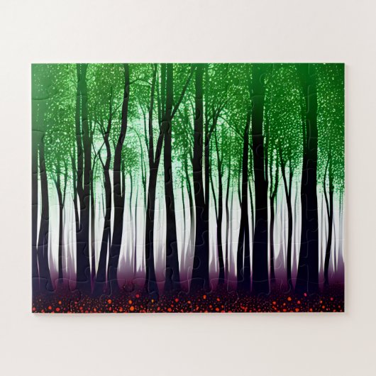 Abstracte groene bladeren op zwart silhouetbos legpuzzel (Horizontaal)