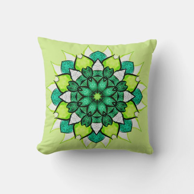 Abstracte Groene Boho Floral Mandala Kussen (Voorkant)