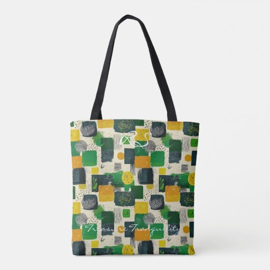 Abstracte groene en gele vierkantjes met zwart tote bag (Achterkant)