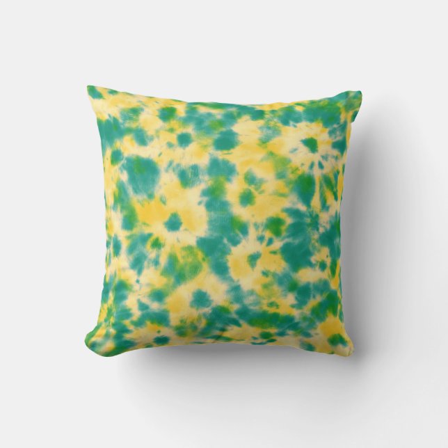 Abstracte Groene en Gele Waterverf Tie Dye Kussen (Voorkant)