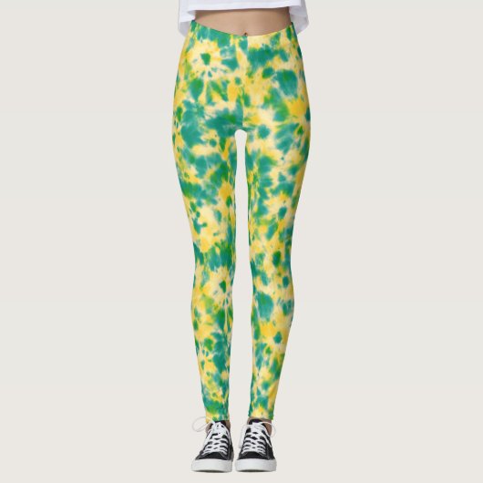 Abstracte Groene en Gele Waterverf Tie Dye Leggings (Voorkant)