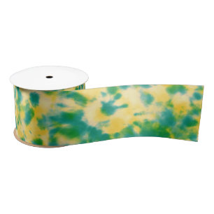 Abstracte Groene en Gele Waterverf Tie Dye Satijnen Lint