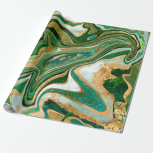 Abstracte groene en gouden vloeibare marmer cadeaupapier