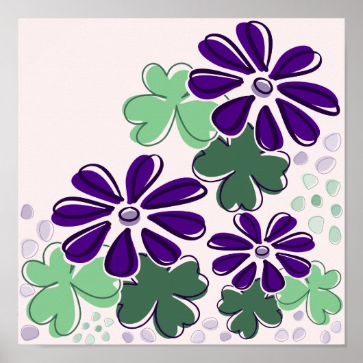 Abstracte Groene en Paarse Klaver & Bloemdoodle Poster (Voorkant)