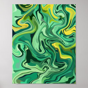Abstracte groene vloeistofkunst met gele accenten poster