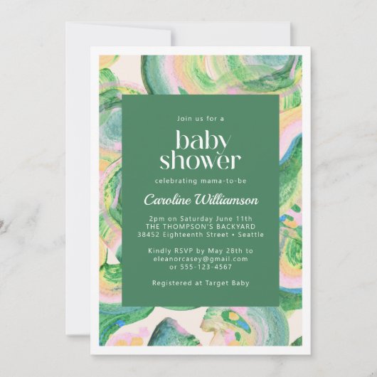 Abstracte groene waterverf kunstzinnige babyshower kaart (Voorkant)