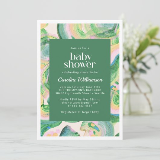 Abstracte groene waterverf kunstzinnige babyshower kaart (Staand voorkant)