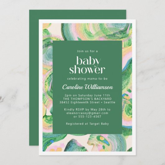 Abstracte groene waterverf kunstzinnige babyshower kaart (Voorkant / Achterkant)