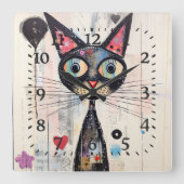 Abstracte grootoogkleurige poes vierkante klok (Voorkant)