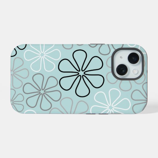 Abstracte grote bloemcontouren BWG + eendenei blau iPhone 15 Case (Achterkant horizontaal)
