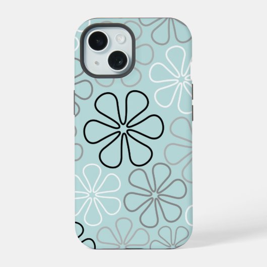 Abstracte grote bloemcontouren BWG + eendenei blau iPhone 15 Case (Achterkant)