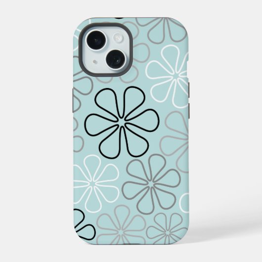 Abstracte grote bloemcontouren BWG + eendenei blau iPhone 15 Case (Achterkant)