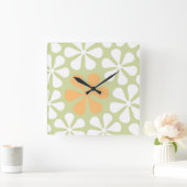 Abstracte Grote Bloemen Wit & Sinaasappel op Limoe Vierkante Klok (Huis)
