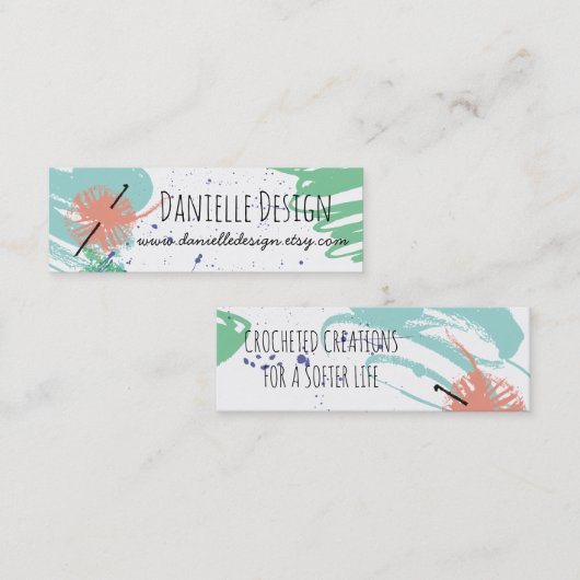 Abstracte haakhaken, kleurig, van garen mini visitekaartje (Voorkant / Achterkant)