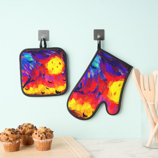 Abstracte Halloween nacht Ovenwant & Pannenlap Set (Insitu(Ophanging))