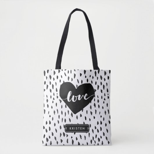 Abstracte handgetekende Love Heart Black White Sti Tote Bag (Voorkant)