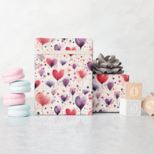 Abstracte Hartbloemen Paarse en Roze Waterverf Cadeaupapier