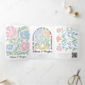 Abstracte Heldere Kleurrijke Bloemen Wedding Detai Drieluik Uitnodiging (Binnen)