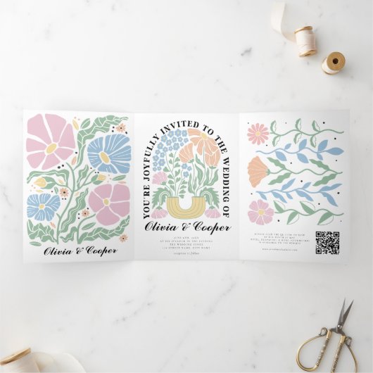 Abstracte Heldere Kleurrijke Bloemen Wedding Detai Drieluik Uitnodiging (Binnen)