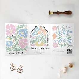 Abstracte Heldere Kleurrijke Bloemen Wedding Detai Drieluik Uitnodiging